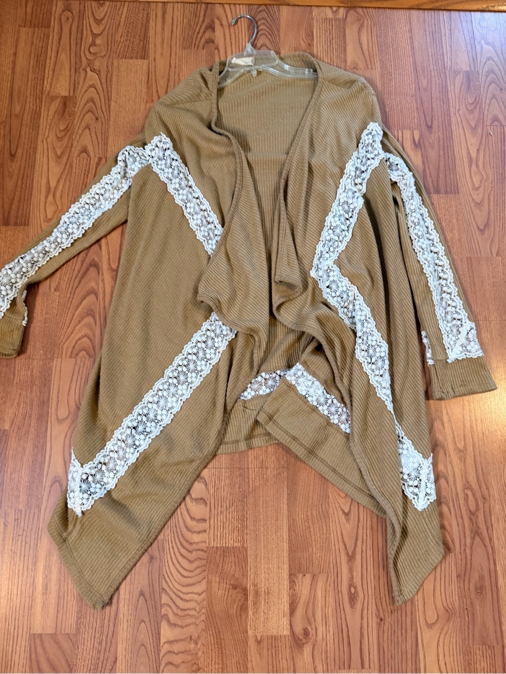 Altered state Tan Lace-Trim Open Cardigan Sweater
